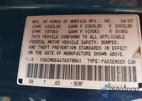 2007 Honda Accord 3.0 Se from USA, damaged, VIN 1HGCM66447A079841